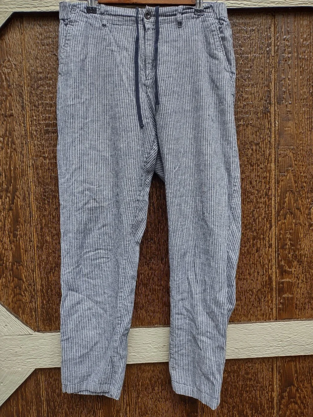 Uniqlo White Blue Pinstripe Linen Blend Ankle Pants Men's M